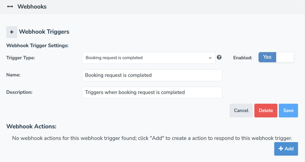 Click +Add to add a webhook action after setting up a trigger
